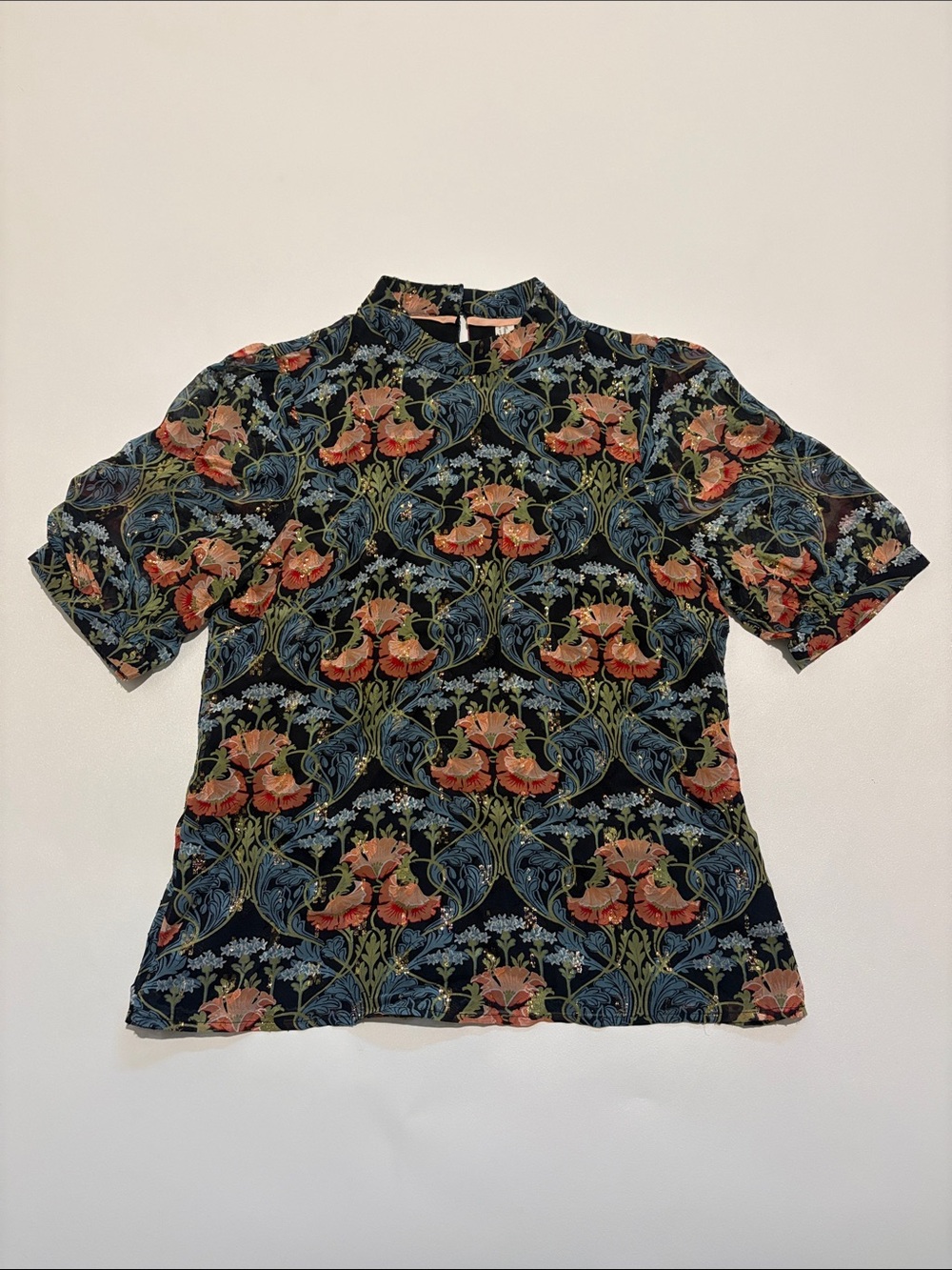 Anthropologie Meadow Rue Basilique Black Floral Print Short Sleeve Blouse